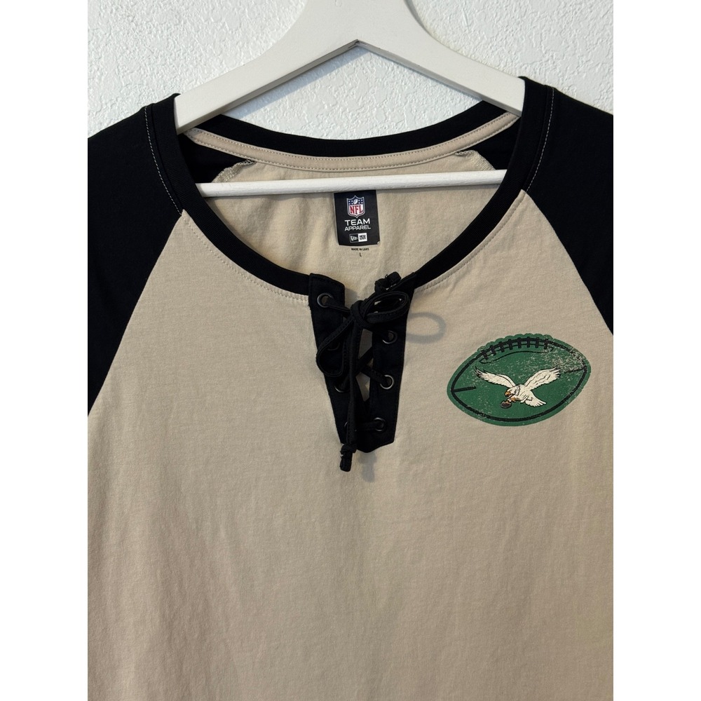 NFL Team Apparel Women's New Era‎ Philadelphia Eagles Lace Up T Shirt Tan Green - Picture 3 of 9